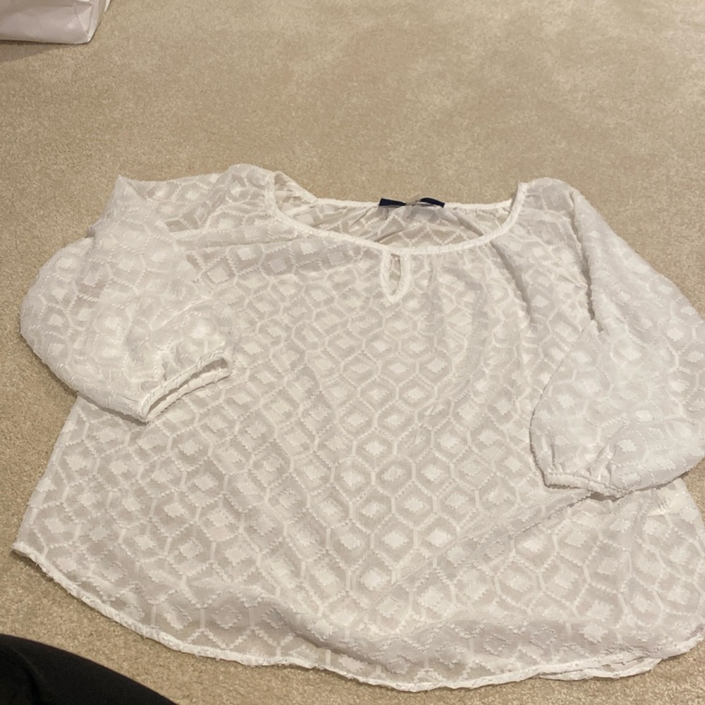 Blue Rain white keyhole neckline long sleeve summer blouse with flocking